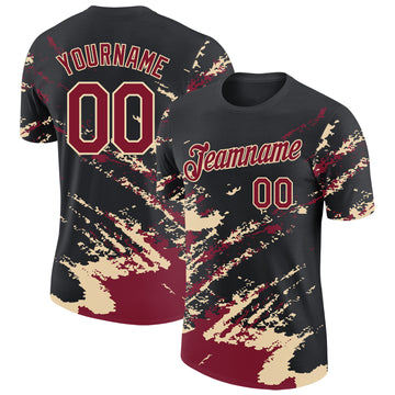 Custom Black Crimson-Cream Brush Stroke Shatter Splatter Performance T-Shirt