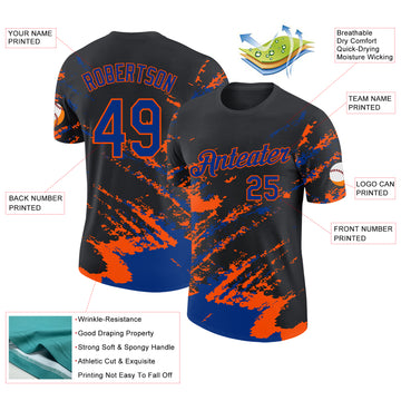 Custom Black Royal-Orange Brush Stroke Shatter Splatter Performance T-Shirt