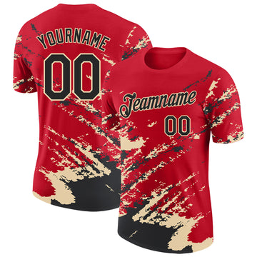Custom Red Black-Cream Brush Stroke Shatter Splatter Performance T-Shirt