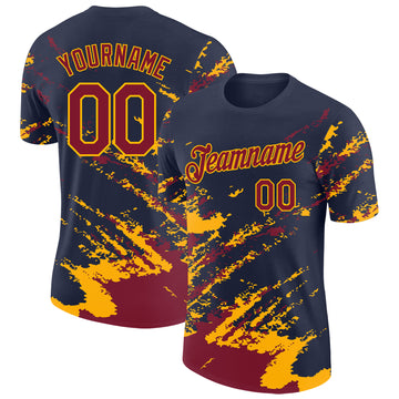 Custom Navy Crimson-Gold Brush Stroke Shatter Splatter Performance T-Shirt