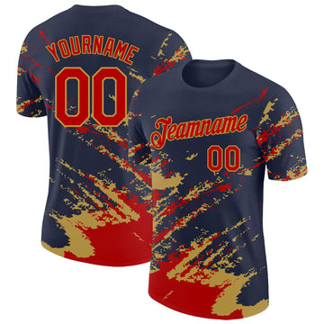 Custom Navy Red-Old Gold Brush Stroke Shatter Splatter Performance T-Shirt