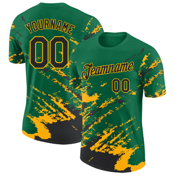 Custom Kelly Green Black-Gold Brush Stroke Shatter Splatter Performance T-Shirt