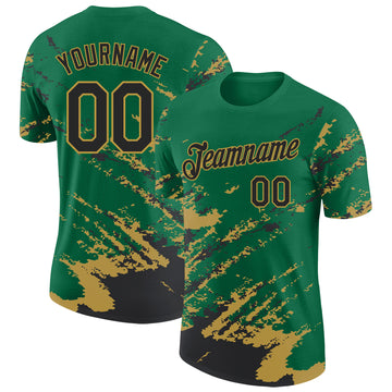 Custom Kelly Green Black-Old Gold Brush Stroke Shatter Splatter Performance T-Shirt