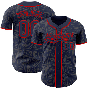 Custom Navy Steel Gray-Red Geometric Cyber Starburst Authentic Baseball Jersey