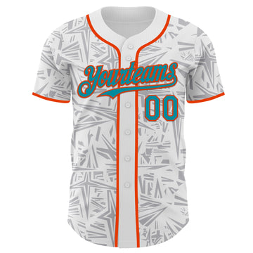 Custom White Teal Gray-Orange Geometric Cyber Starburst Authentic Baseball Jersey