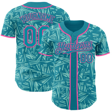 Custom Teal Ice Blue-Pink Geometric Cyber Starburst Authentic Baseball Jersey
