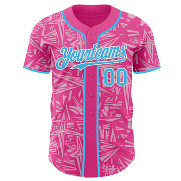 Custom Pink Sky Blue Light Pink-White Geometric Cyber Starburst Authentic Baseball Jersey