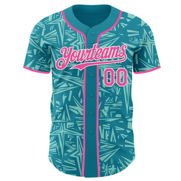 Custom Teal Pink Ice Blue-White Geometric Cyber Starburst Authentic Baseball Jersey