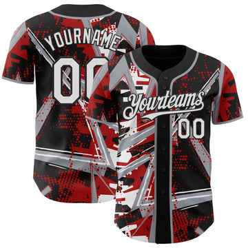 Custom Black White Red-Gray Geometric Shards Dot Grid Authentic Baseball Jersey