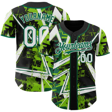Custom Black White Neon Green-Kelly Green Geometric Shards Dot Grid Authentic Baseball Jersey