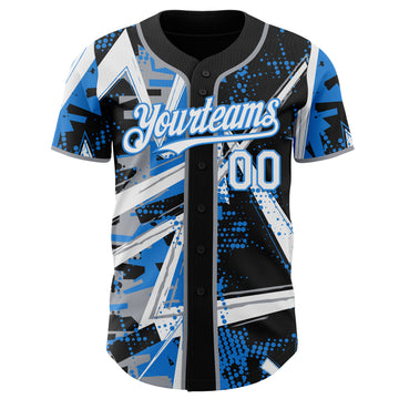 Custom Black White Gray-Electric Blue Geometric Shards Dot Grid Authentic Baseball Jersey
