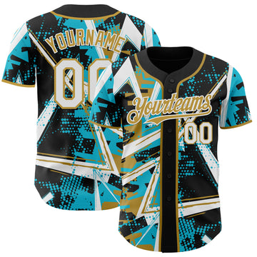 Custom Black White Lakes Blue-Old Gold Geometric Shards Dot Grid Authentic Baseball Jersey