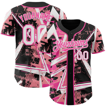 Custom Black White Medium Pink-Pink Geometric Shards Dot Grid Authentic Baseball Jersey