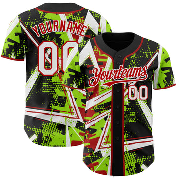 Custom Black White Neon Green-Red Geometric Shards Dot Grid Authentic Baseball Jersey