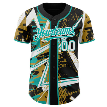 Custom Black White Old Gold-Aqua Geometric Shards Dot Grid Authentic Baseball Jersey