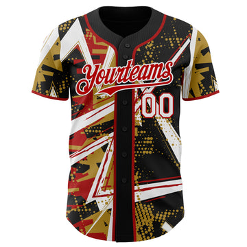Custom Black White Old Gold-Red Geometric Shards Dot Grid Authentic Baseball Jersey