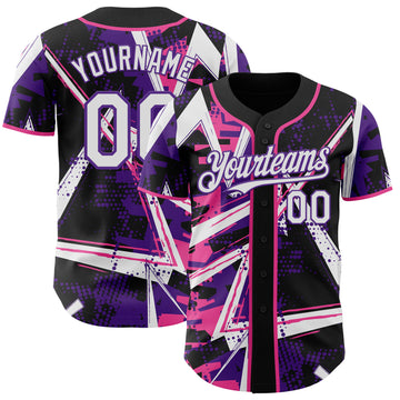Custom Black White Pink-Purple Geometric Shards Dot Grid Authentic Baseball Jersey