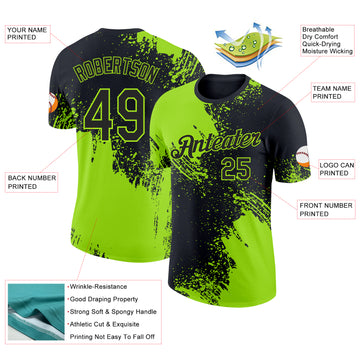 Custom Black-Neon Green Abstract Brush Stroke Performance T-Shirt