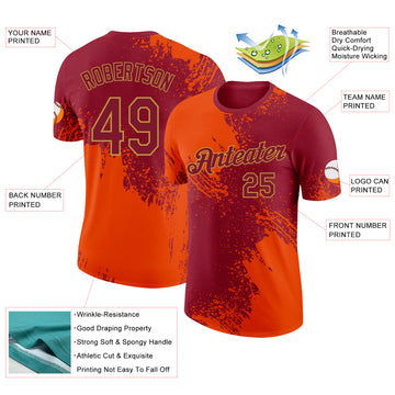 Custom Crimson Orange-Old Gold Abstract Brush Stroke Performance T-Shirt