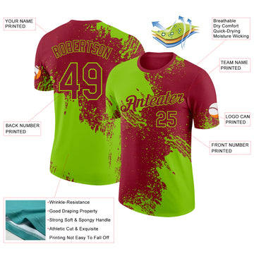 Custom Crimson-Neon Green Abstract Brush Stroke Performance T-Shirt