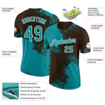 Custom Brown Teal-White Abstract Brush Stroke Performance T-Shirt