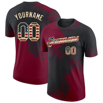 Custom Black Vintage USA Flag Crimson-Cream Abstract Brush Stroke Performance T-Shirt