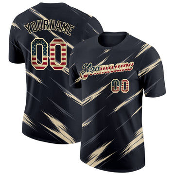 Custom Black Vintage USA Flag Steel Gray-Cream Abstract Brush Stroke Performance T-Shirt