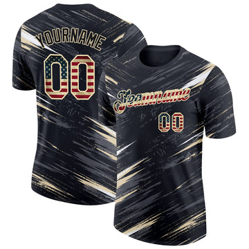 Custom Black Vintage USA Flag Steel Gray-Cream Abstract Brush Stroke Splatter Performance T-Shirt