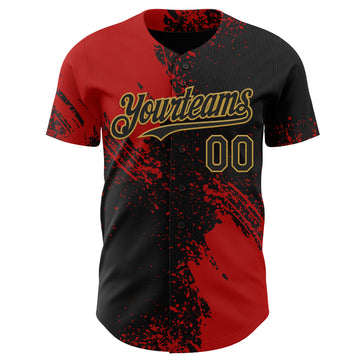 Custom Black Red-Old Gold Abstract Brush Stroke Authentic Baseball Jersey