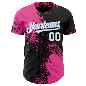 Custom Black White Pink-Light Blue Abstract Brush Stroke Authentic Baseball Jersey