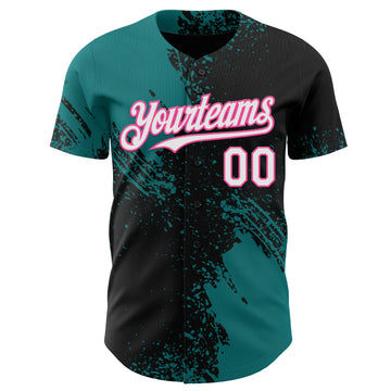 Custom Black White Teal-Pink Abstract Brush Stroke Authentic Baseball Jersey