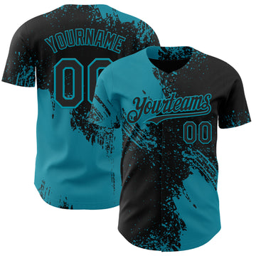 Custom Black-Teal Abstract Brush Stroke Authentic Baseball Jersey