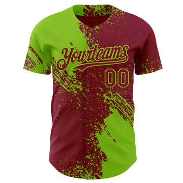 Custom Crimson-Neon Green Abstract Brush Stroke Authentic Baseball Jersey
