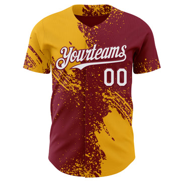 Custom Crimson White-Gold Abstract Brush Stroke Authentic Baseball Jersey