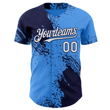 Custom Electric Blue White-Navy Abstract Brush Stroke Authentic Baseball Jersey