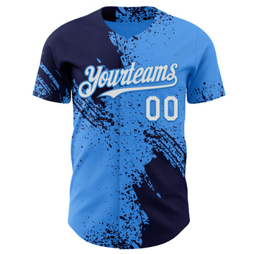 Custom Electric Blue White-Navy Abstract Brush Stroke Authentic Baseball Jersey