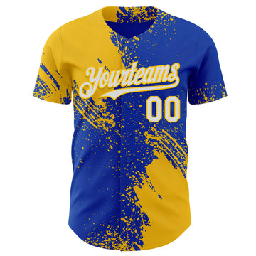 Custom Thunder Blue White-Yellow Abstract Brush Stroke Authentic Baseball Jersey