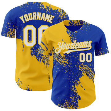 Custom Thunder Blue White-Yellow Abstract Brush Stroke Authentic Baseball Jersey