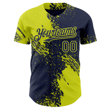 Custom Navy-Neon Yellow Abstract Brush Stroke Authentic Baseball Jersey