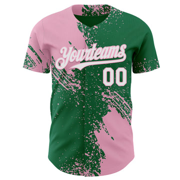 Custom Kelly Green White-Light Pink Abstract Brush Stroke Authentic Baseball Jersey