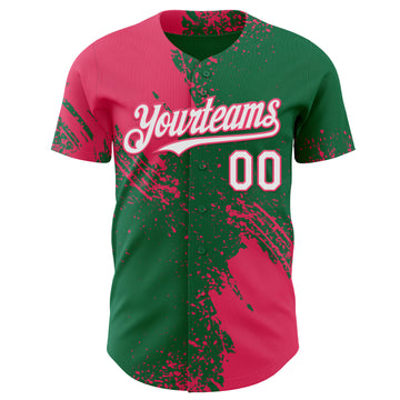 Custom Kelly Green White-Neon Pink Abstract Brush Stroke Authentic Baseball Jersey