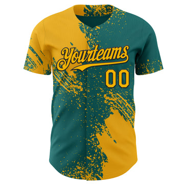 Custom Teal Yellow-Black Abstract Brush Stroke Authentic Baseball Jersey