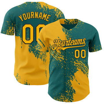 Custom Teal Yellow-Black Abstract Brush Stroke Authentic Baseball Jersey