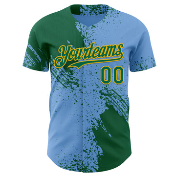 Custom Light Blue Kelly Green-Gold Abstract Brush Stroke Authentic Baseball Jersey