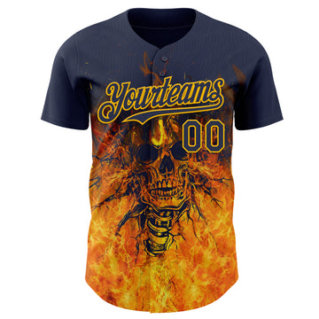 Custom Navy-Gold Flames Skull Authentic Baseball Jersey