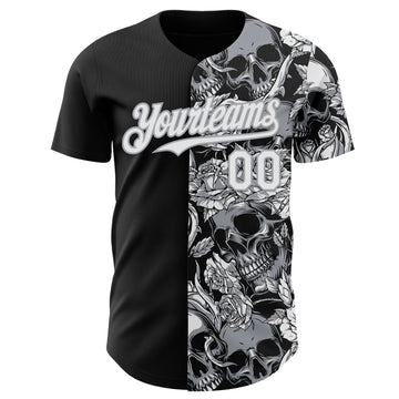 Custom Black White-Gray Skull And Rose Authentic Baseball Jersey