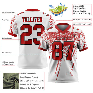 Custom White Red-Black Authentic Distressed Scratch Brush Stroke Football Jersey