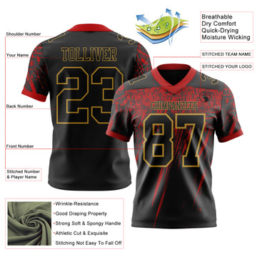 Custom Black Red-Old Gold Authentic Distressed Scratch Brush Stroke Football Jersey