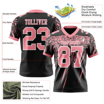 Custom Black Medium Pink-White Authentic Distressed Scratch Brush Stroke Football Jersey