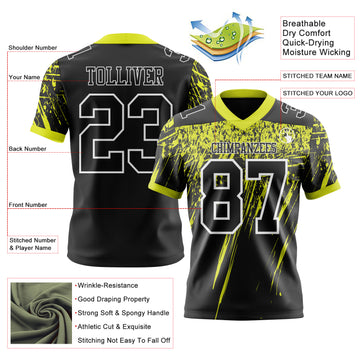 Custom Black Neon Yellow-White Authentic Distressed Scratch Brush Stroke Football Jersey